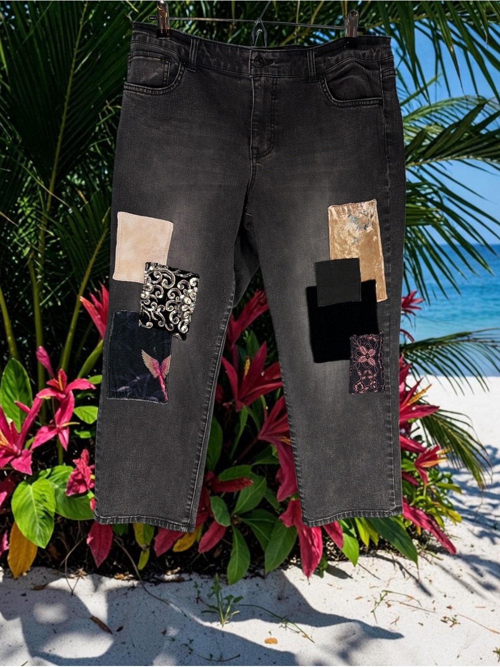 LOGO by Lori Goldstein Petite Velvet Patchwork Jeans Washed Black Sz 14P